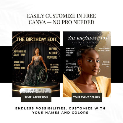 Black & Gold Magazine Birthday Invitation | Glam Party, Sequin Couture (Editable Canva Template)