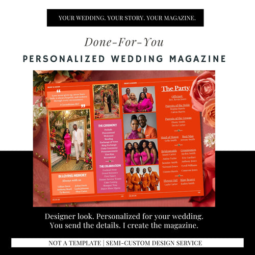 Personalized wedding magazine program open spread with party and ceremony sections