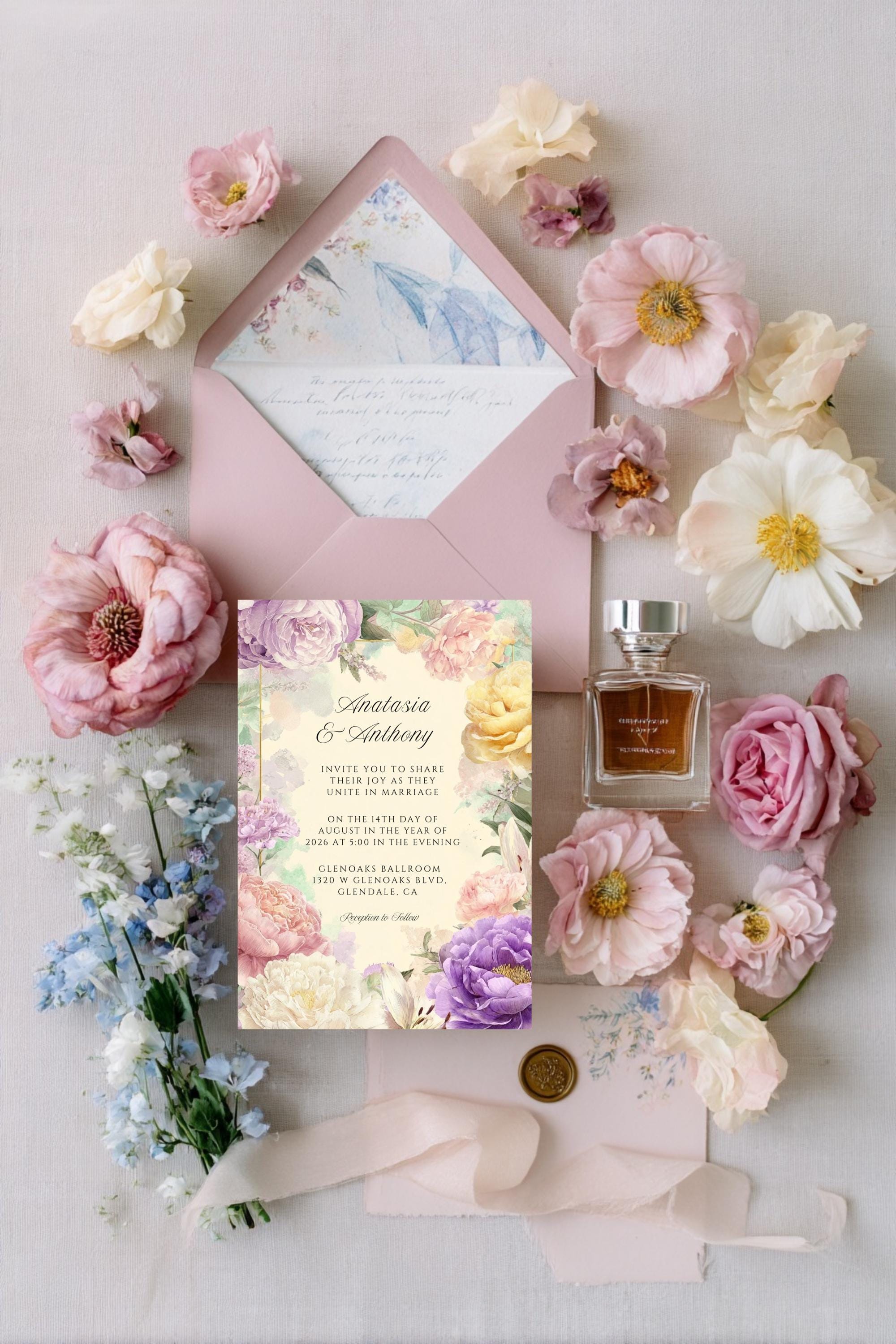 Watercolor Floral Wedding Invitation: Editable Pastel Garden (Canva Template)