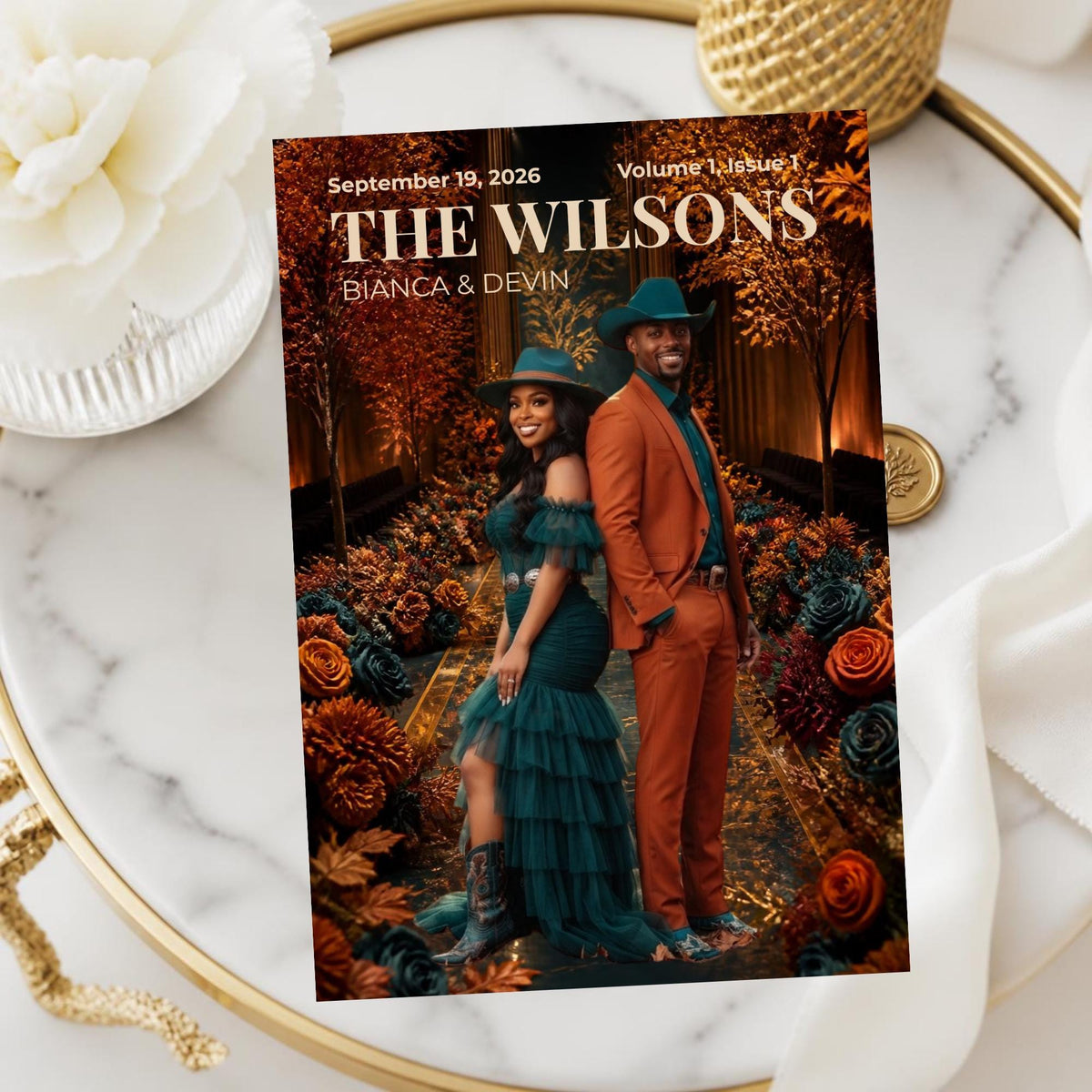Wedding magazine program cover card with couple portrait, “The Wilsons” and date text.