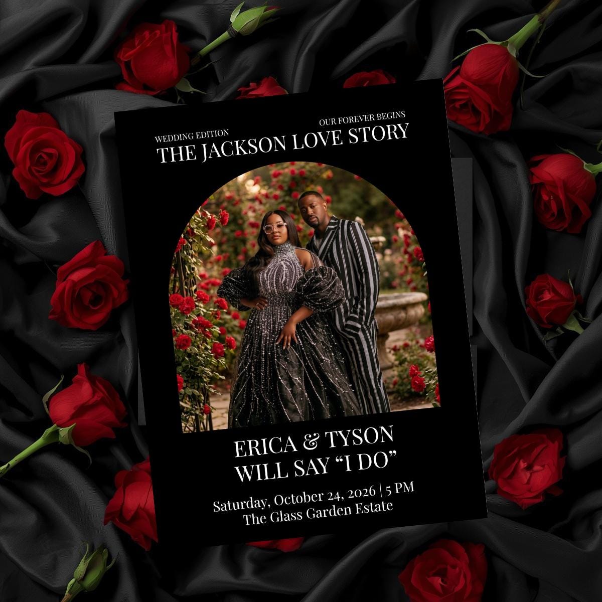 Black editorial wedding invitation card with rose arch photo and couple names