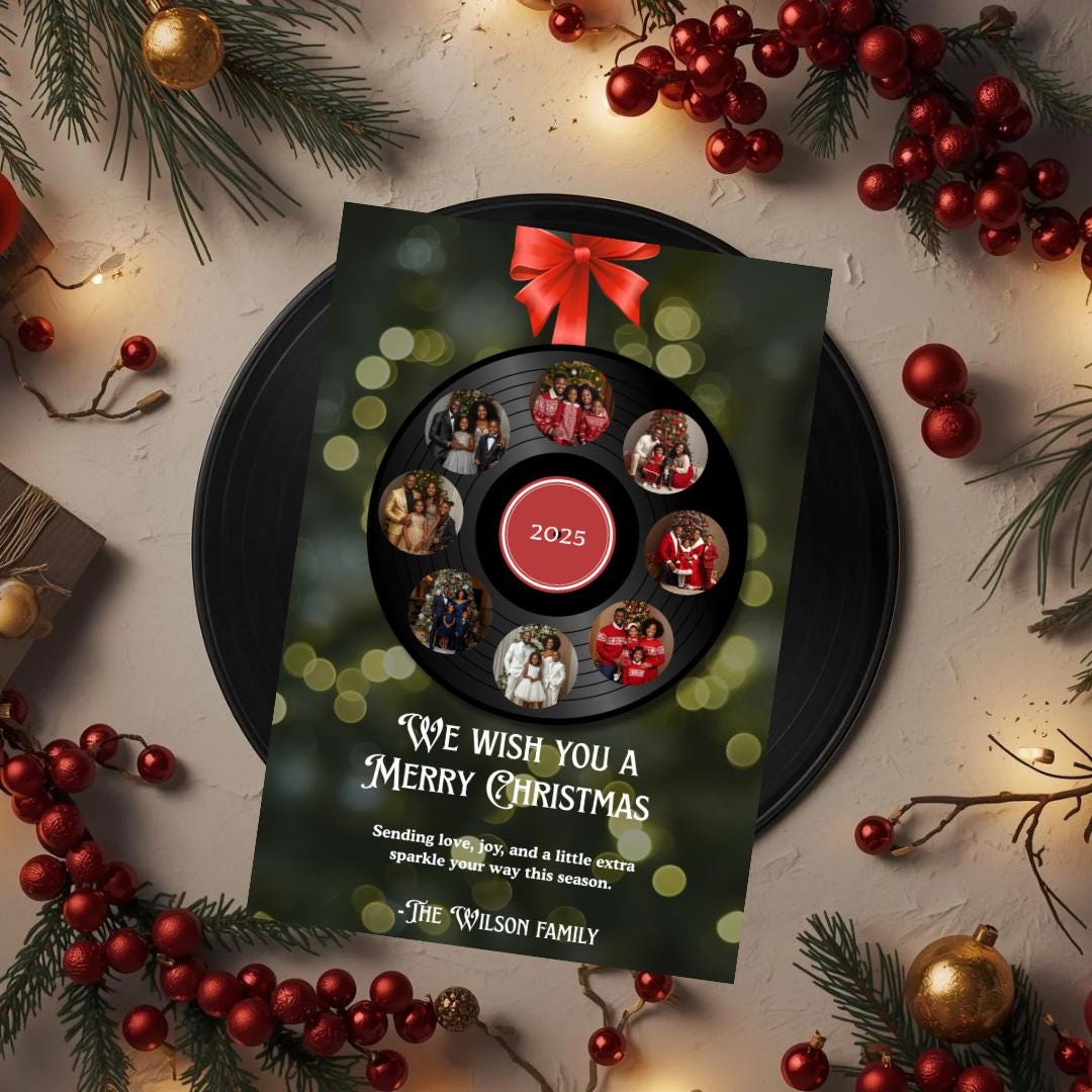 Christmas card template showing a vinyl record wreath, red bow, and “Merry Christmas” text.