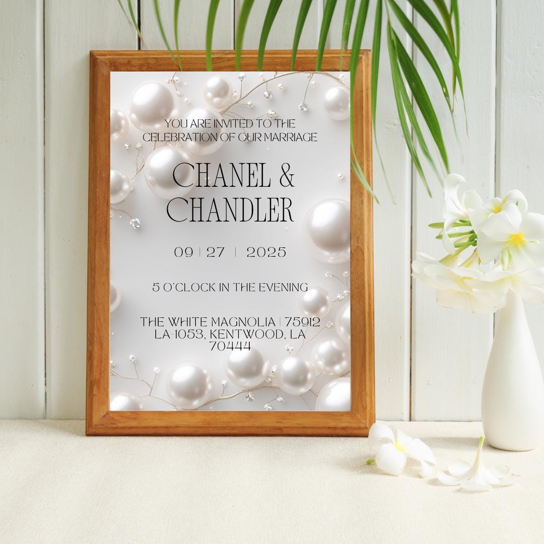 Editable Pearl Wedding Invitation Template | Elegant Modern Bridal Invite | White & Ivory Luxe Canva Design | Instant Download