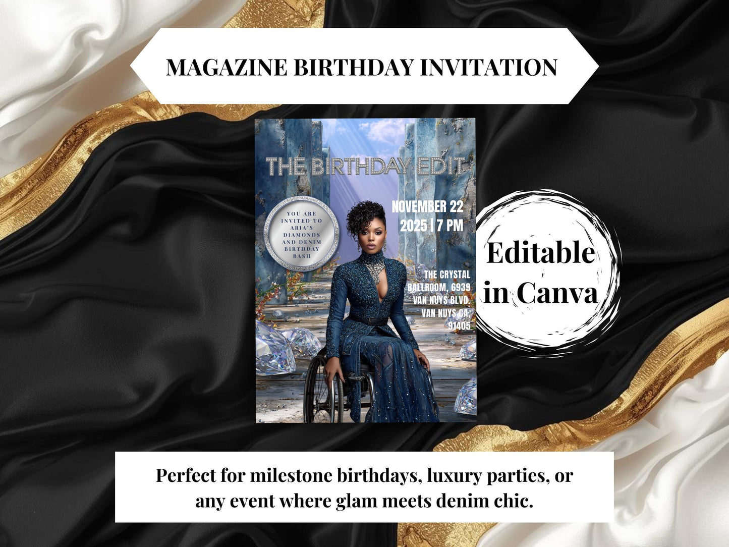 Diamonds and Denim Birthday Invitation | Magazine Style, Glam Party (Digital)