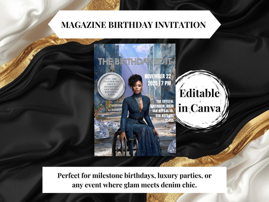 Diamonds and Denim Birthday Invitation | Magazine Style, Glam Party (Digital)