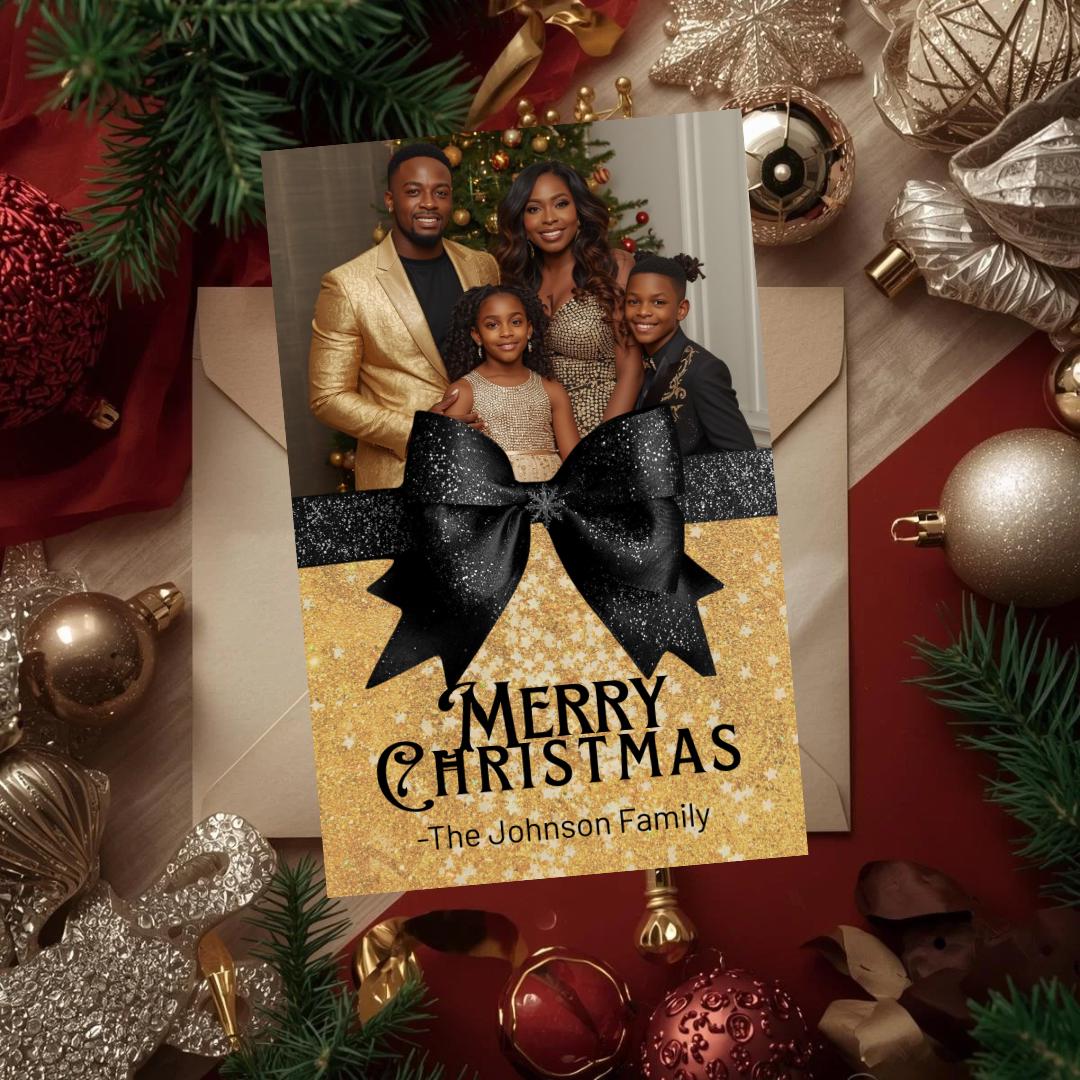 Black and gold Christmas photo card with black bow and 'Merry Christmas' text