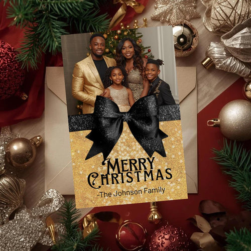 Black and gold Christmas photo card with black bow and 'Merry Christmas' text