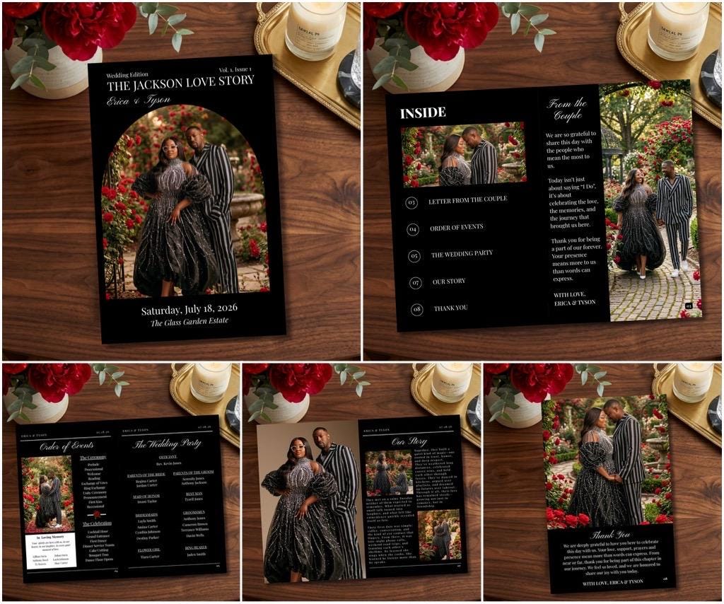 Black wedding magazine program template with couple cover photo and details inside