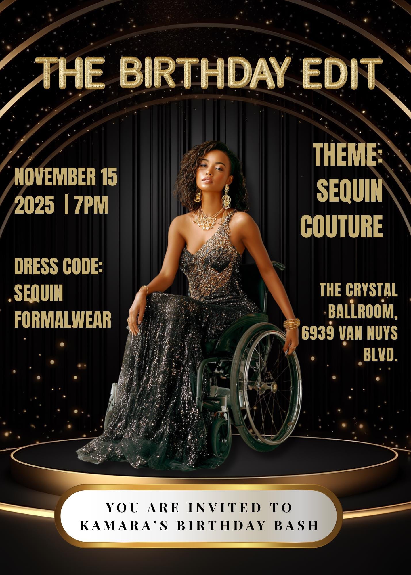 Black & Gold Magazine Birthday Invitation | Glam Party, Sequin Couture (Editable Canva Template)