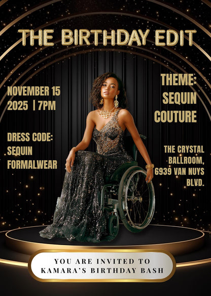 Black & Gold Magazine Birthday Invitation | Glam Party, Sequin Couture (Editable Canva Template)
