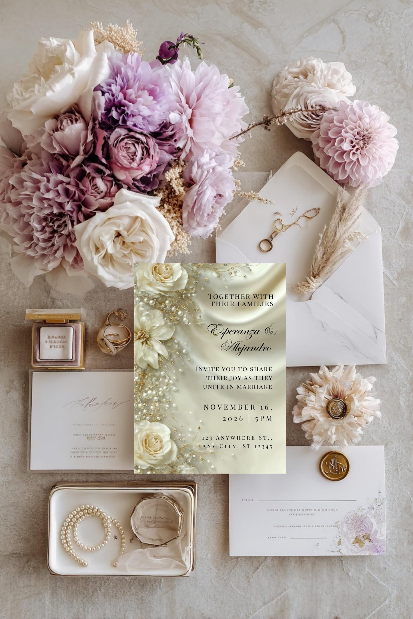 Luxury Satin & Pearl Wedding Invitation | Glamorous Bridal Invitation Template | Editable Canva Design