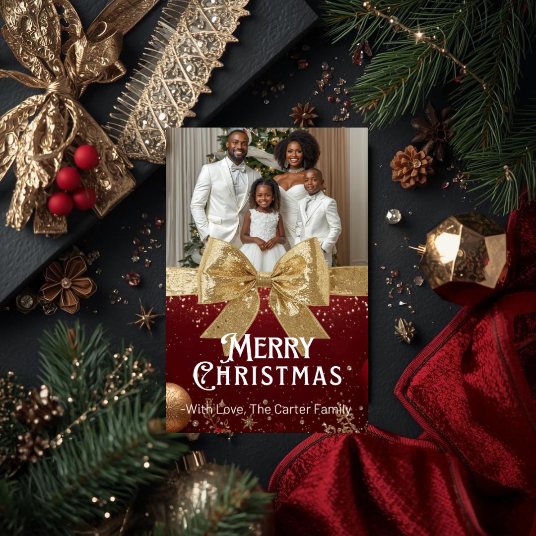 Christmas photo card template with gold bow, family portrait, and 'Merry Christmas' greeting