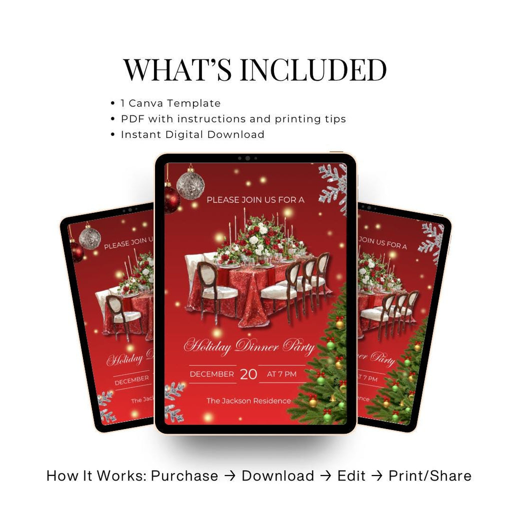 Holiday Dinner Party Invitation | Glam Christmas Dinner Invite | Elegant Red Christmas Party Template (Canva)