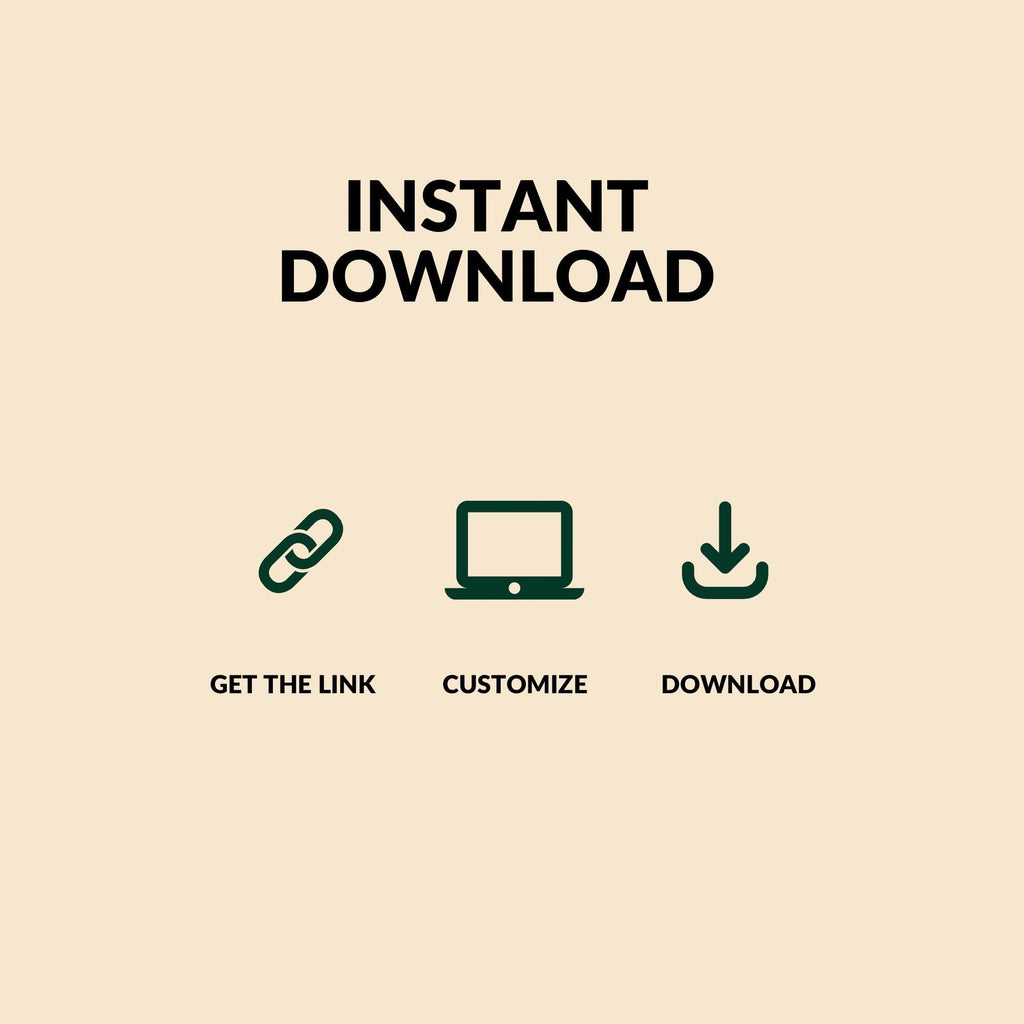 Instant download instruction graphic with link, customize, and download icons
