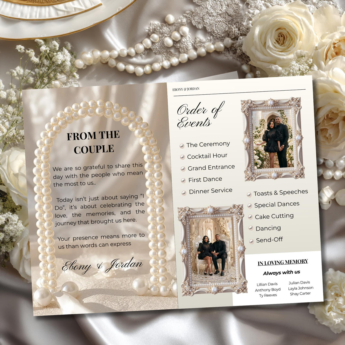 Personalized wedding magazine program open pages with “Order of Events” schedule and couple photo