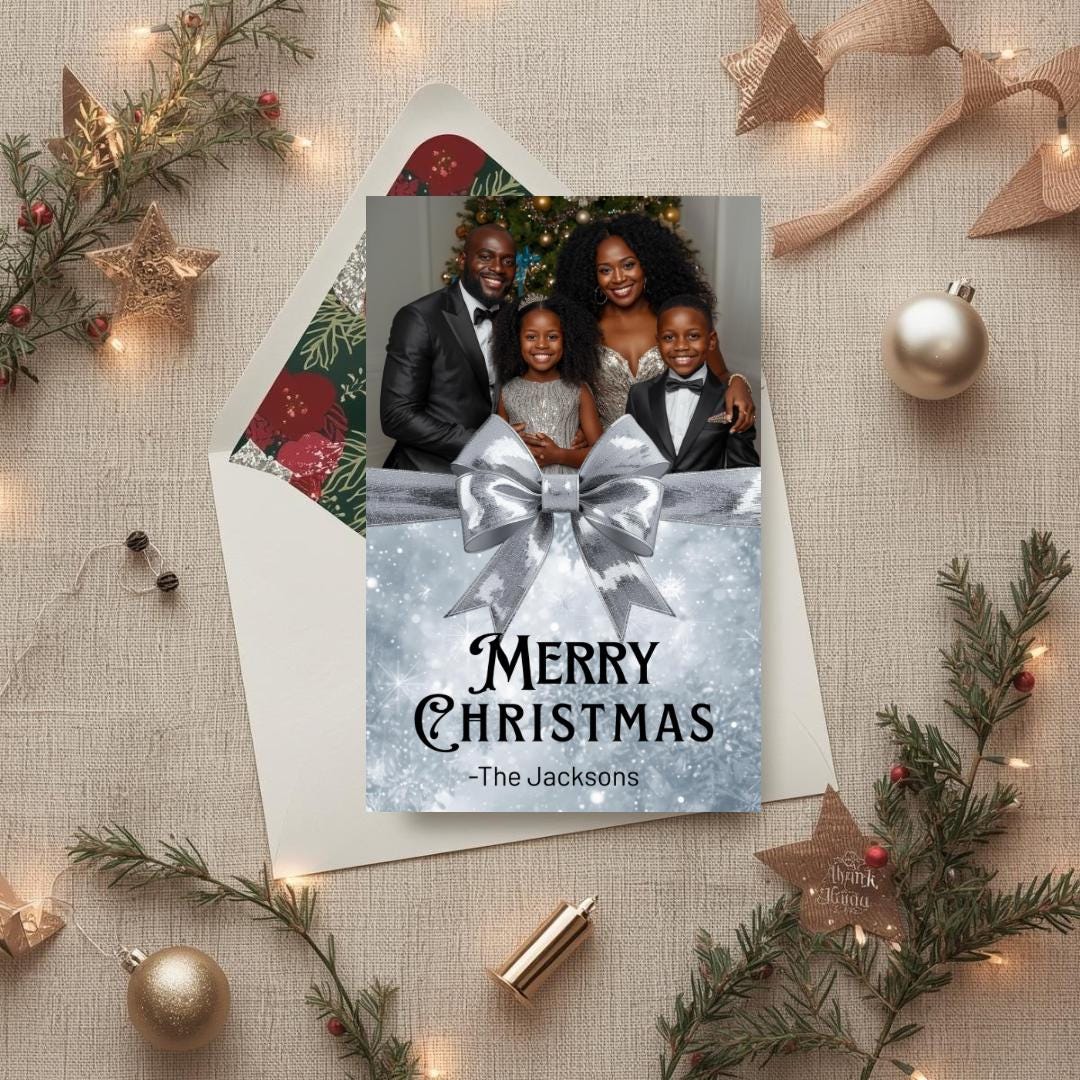 Christmas card template with family photo, silver bow, and “Merry Christmas” text
