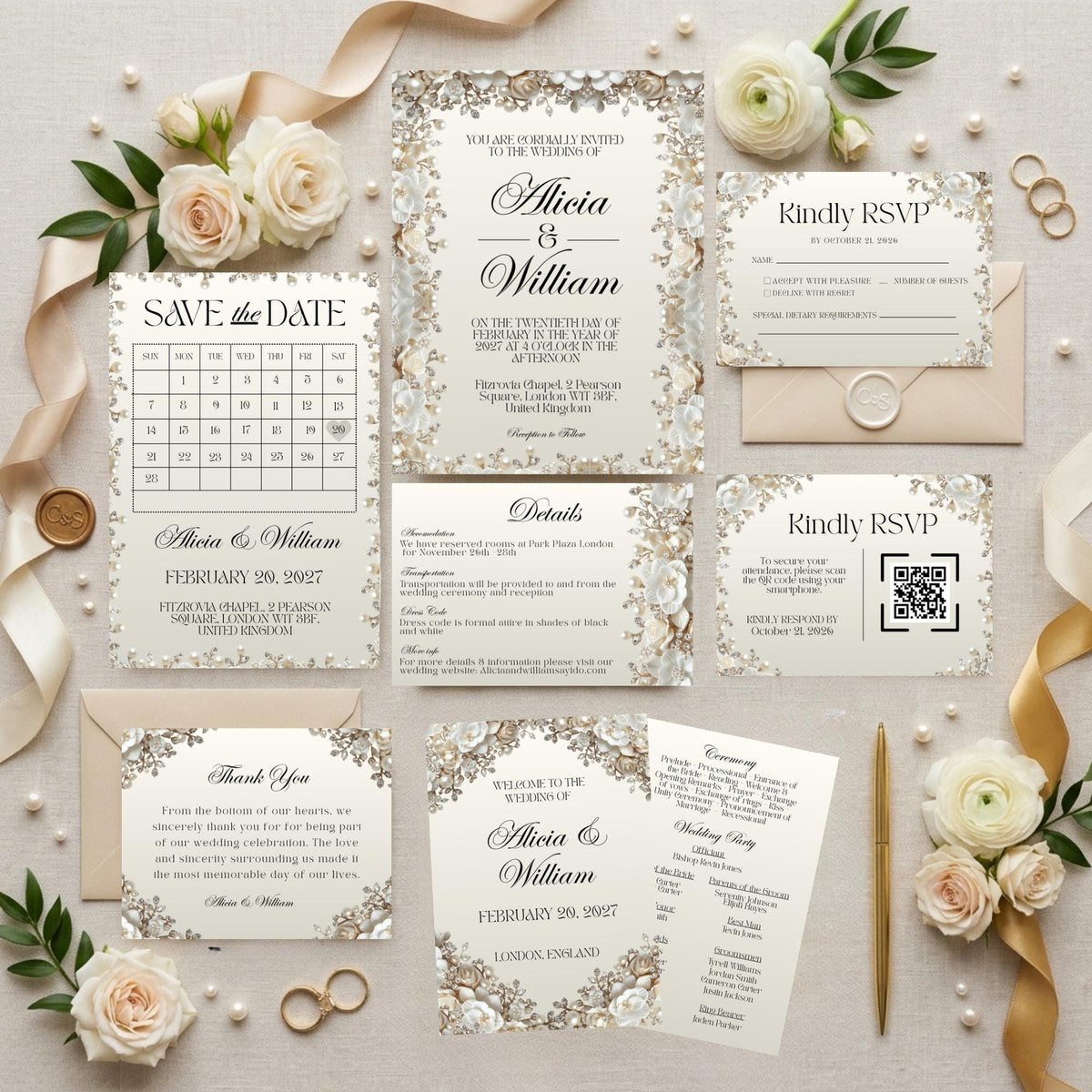 Wedding invitation suite template set with Save the Date, invitation, details, and RSVP