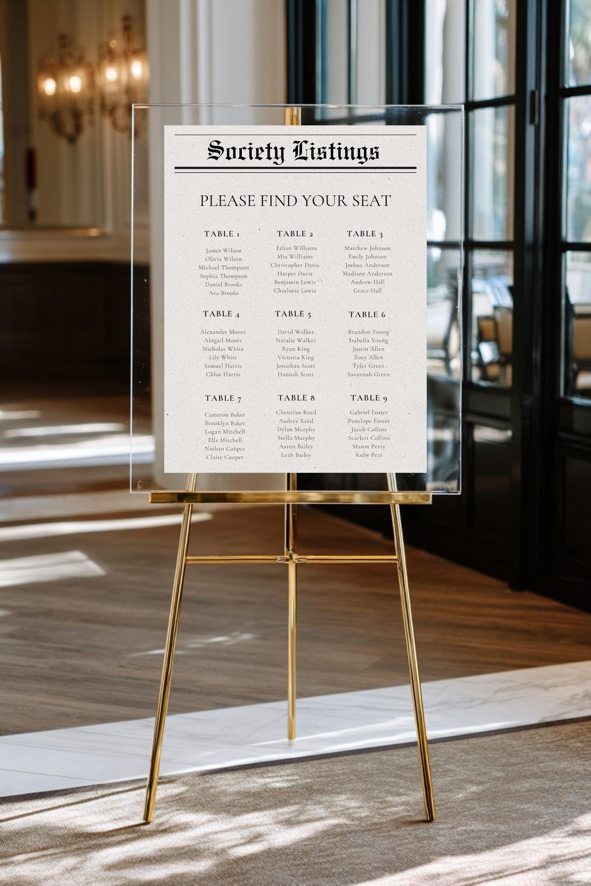 Vintage newspaper-style wedding seating chart on gold easel with table list headings