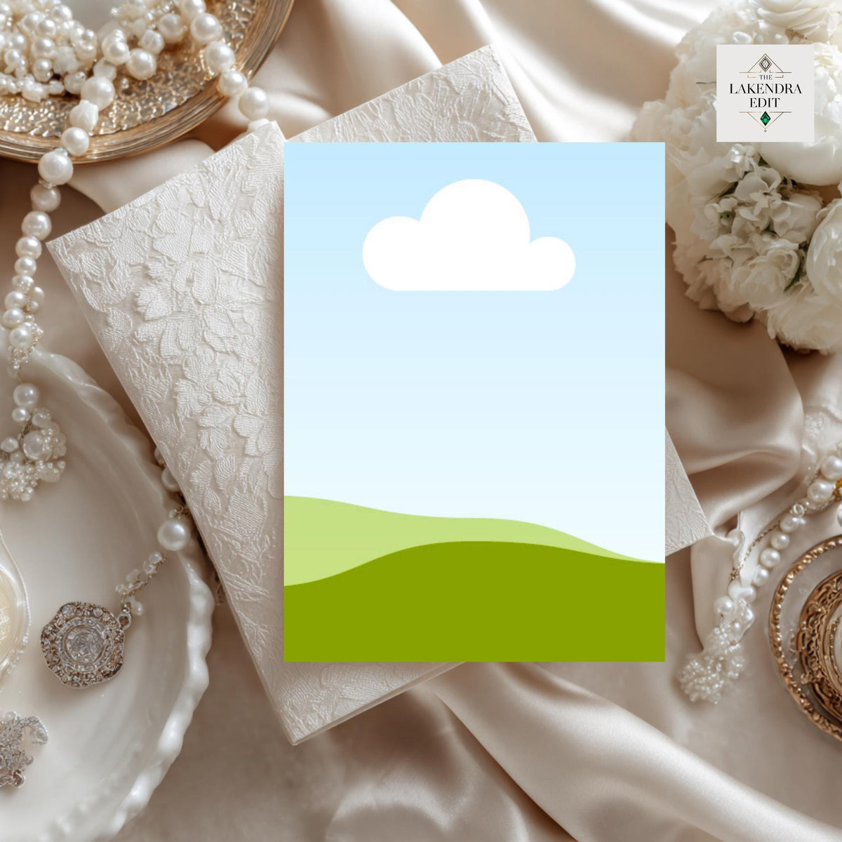 Wedding invitation mockup card with pearl and rose frame and green landscape footer