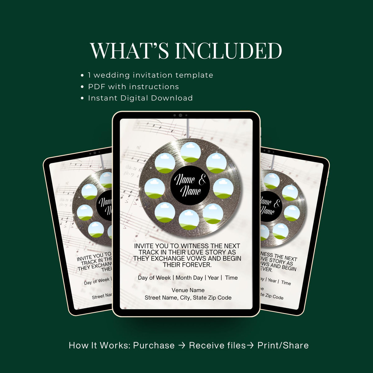 Wedding invitation template preview set with circular vinyl-style photo design