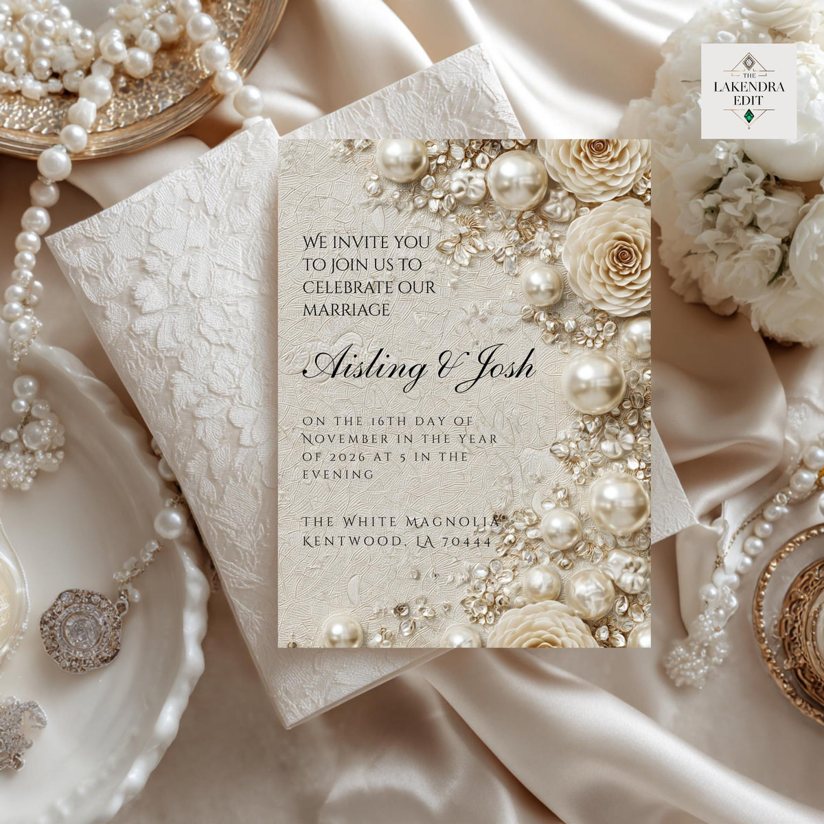 Pearl and rose wedding invitation card with event wording on textured cream background
