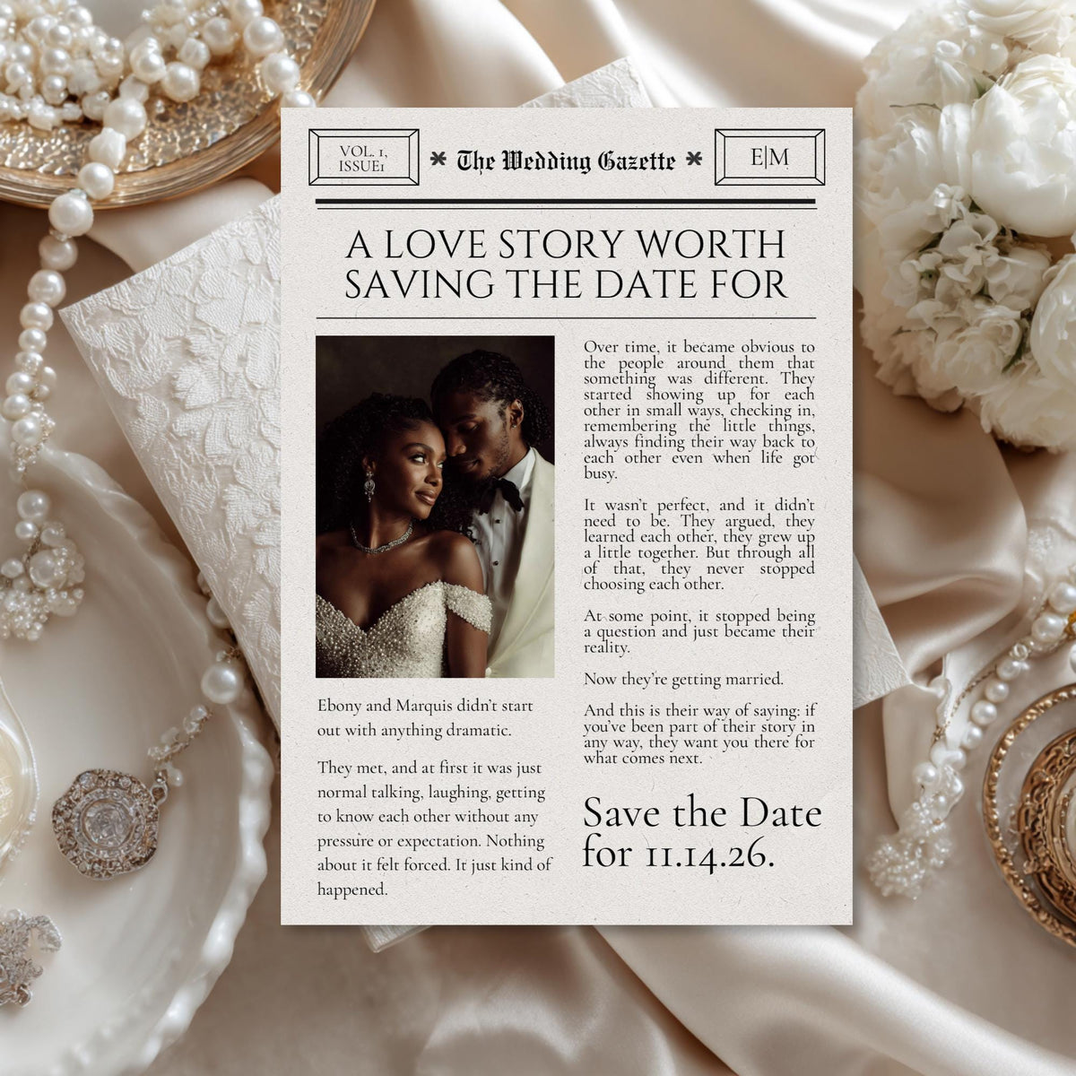 Newspaper-style save the date template mockup with couple photo and II.14.26