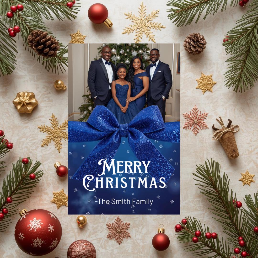 Royal blue Christmas photo card layout with glitter bow and Merry Christmas greeting