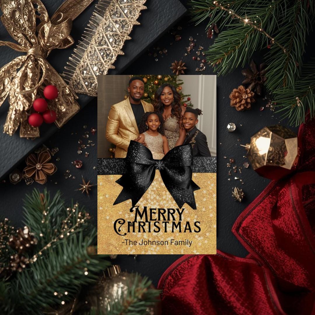Black and gold Christmas photo card with oversized glitter black bow and family line