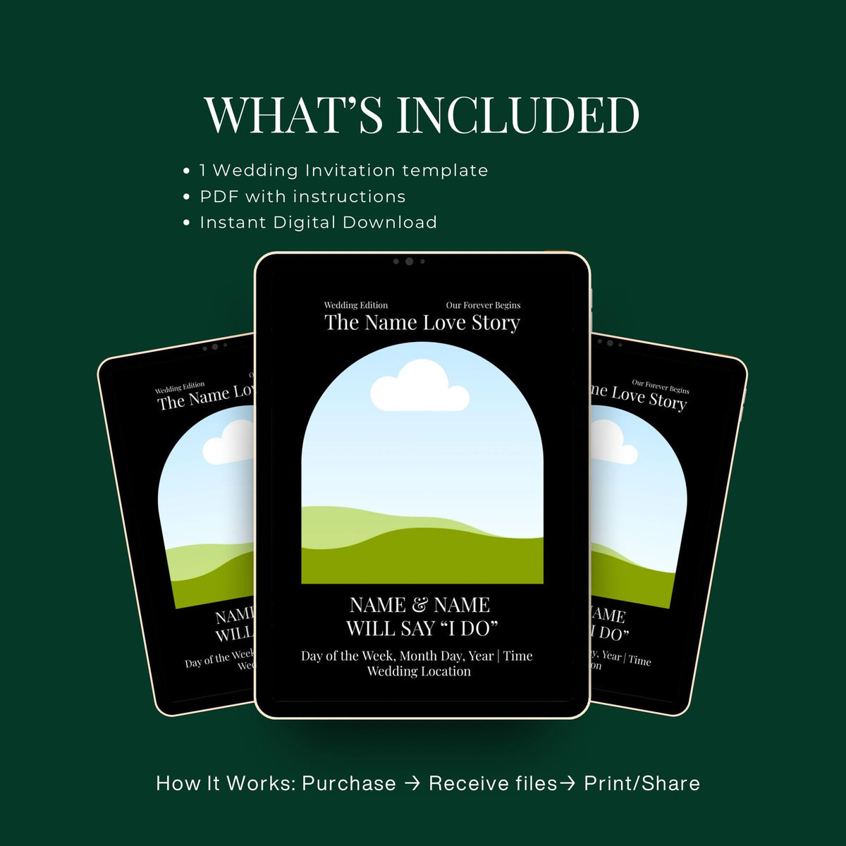 “WHAT’S INCLUDED” screen with wedding invitation template cards for instant download