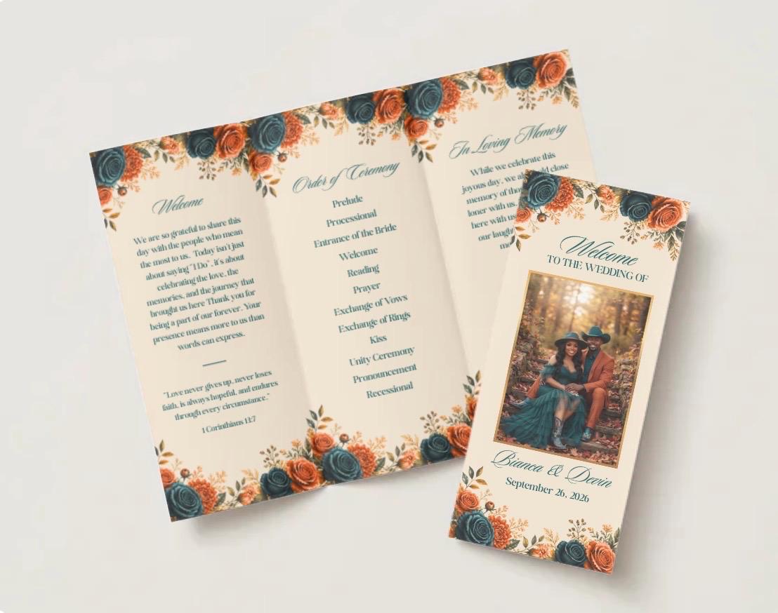 Floral teal and orange trifold wedding program layout with welcome, program, and details panels