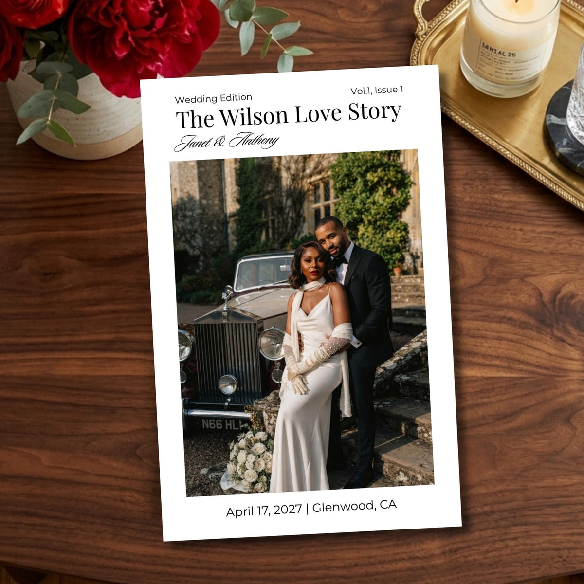 Wedding program magazine cover close-up with couple photo, issue info, and date