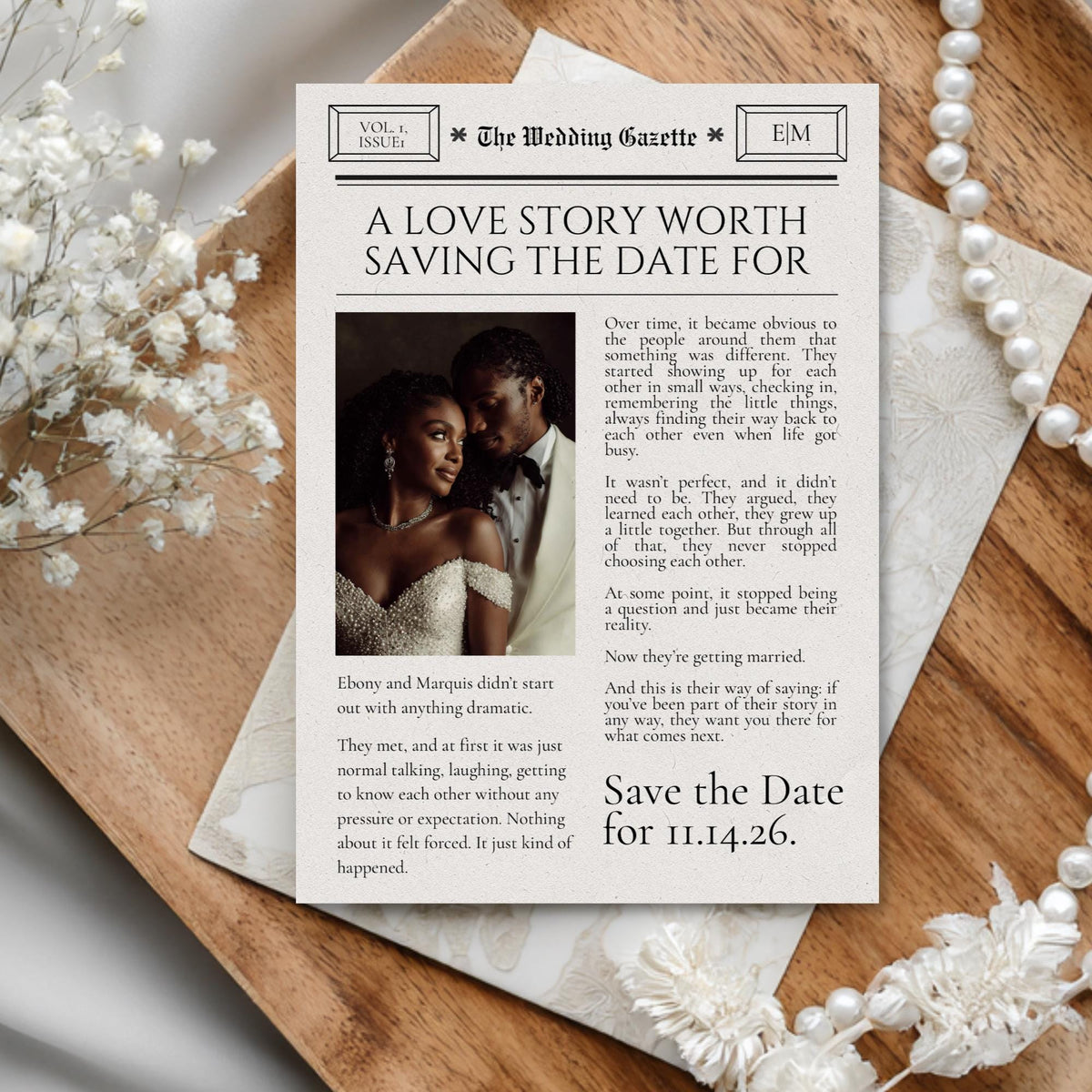 Newspaper-style save the date template with couple photo and date II.14.26