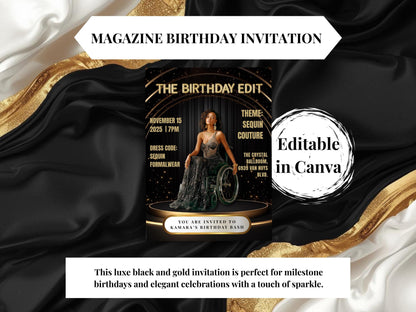 Black & Gold Magazine Birthday Invitation | Glam Party, Sequin Couture (Editable Canva Template)