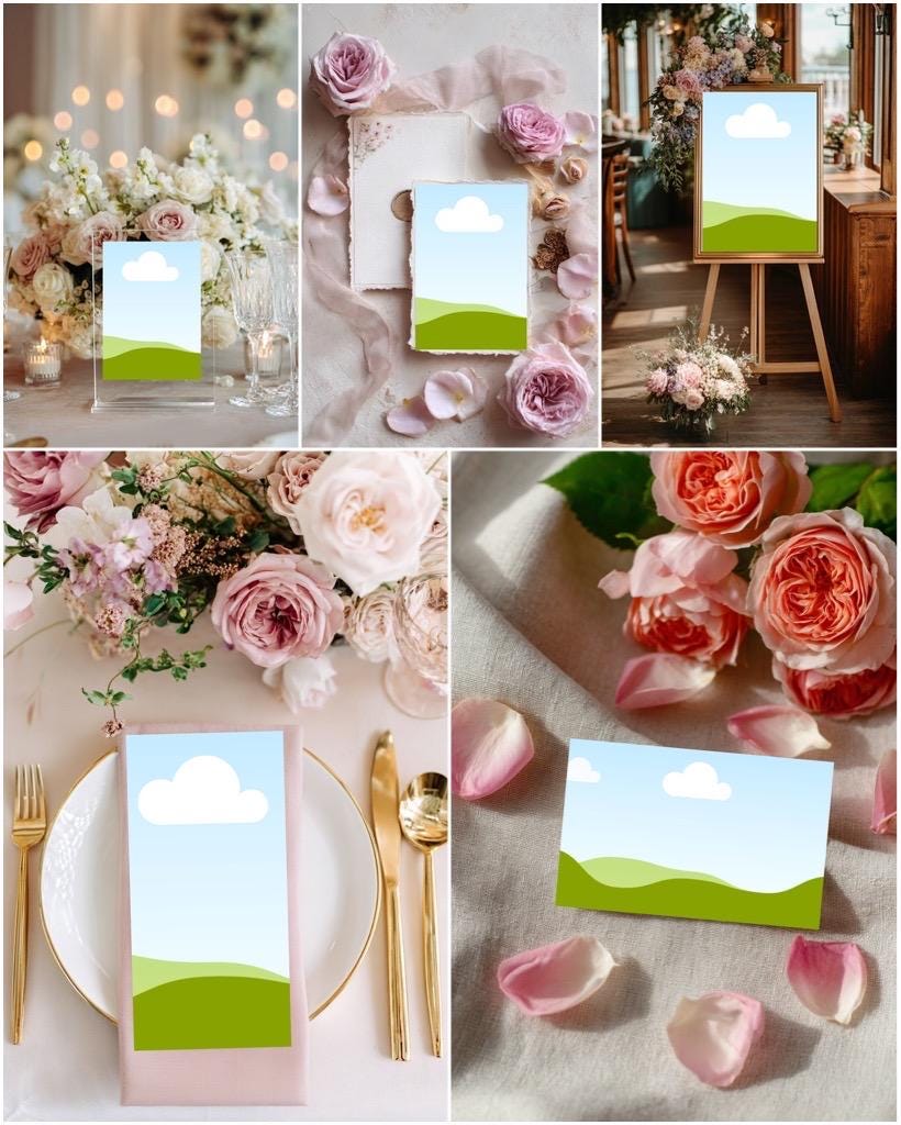 Garden wedding place card mockup set with cloud-and-hills design on floral scenes