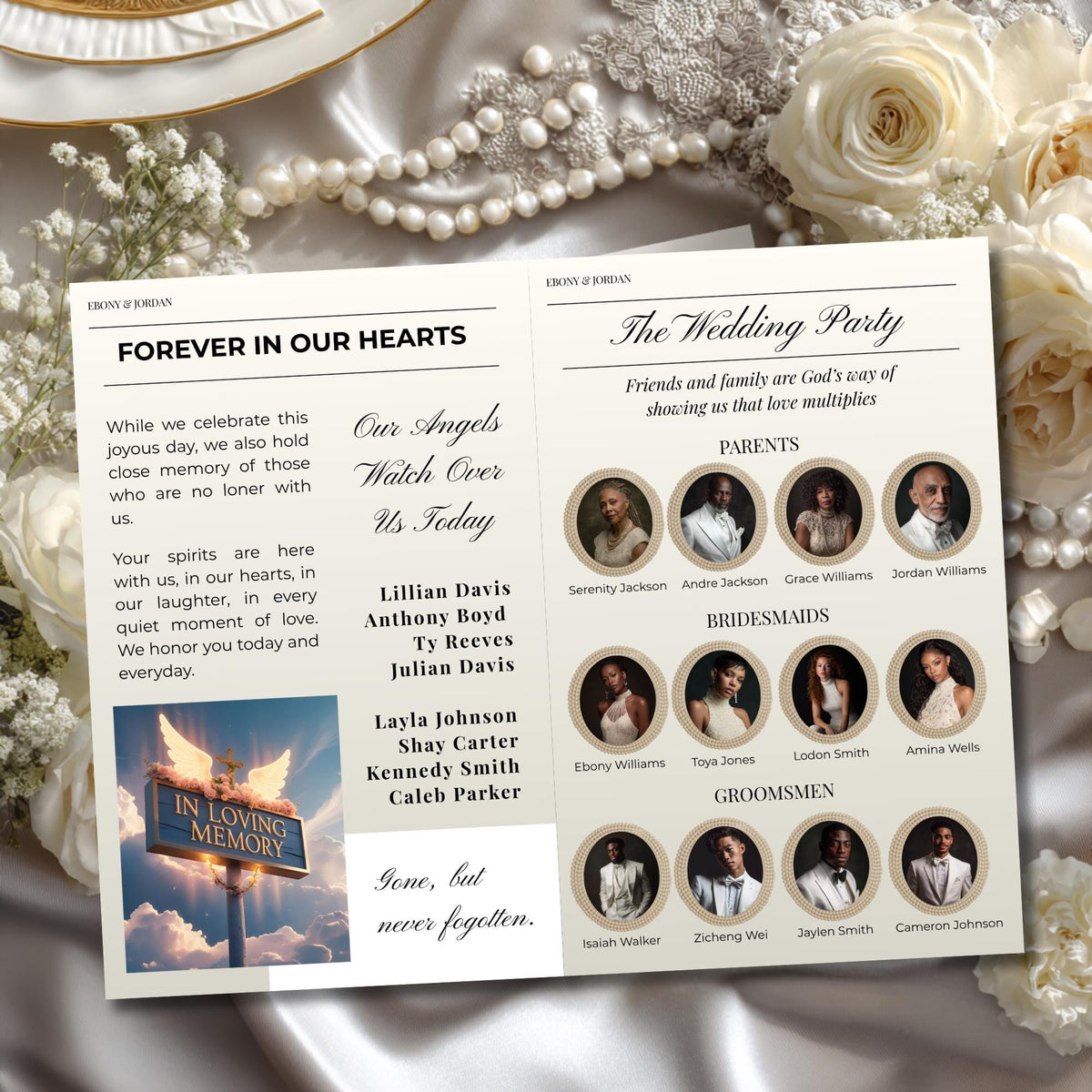 Personalized wedding magazine program open pages with “Forever in Our Hearts” and wedding party headshots