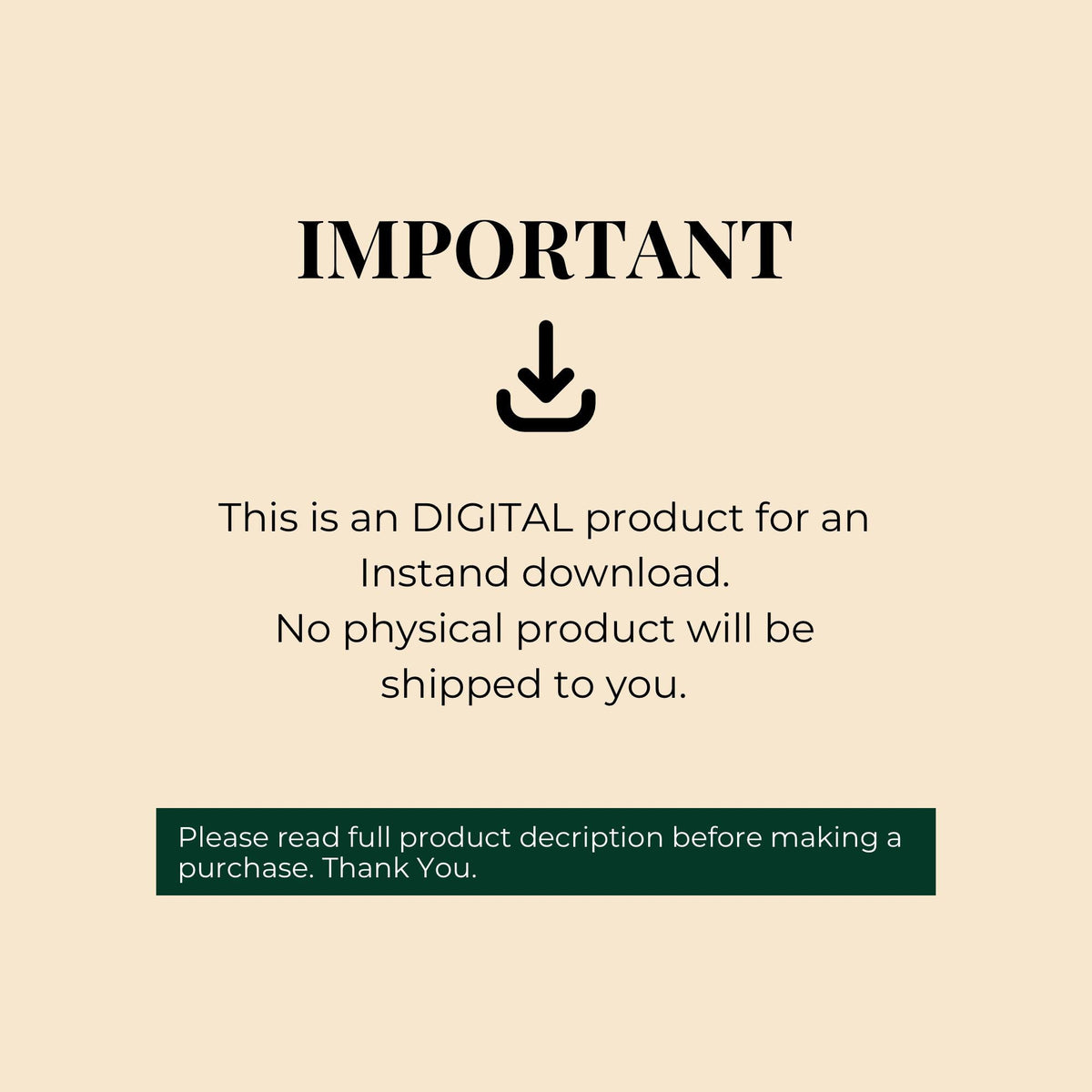 Instant download digital notice page: important message, no physical product shipped