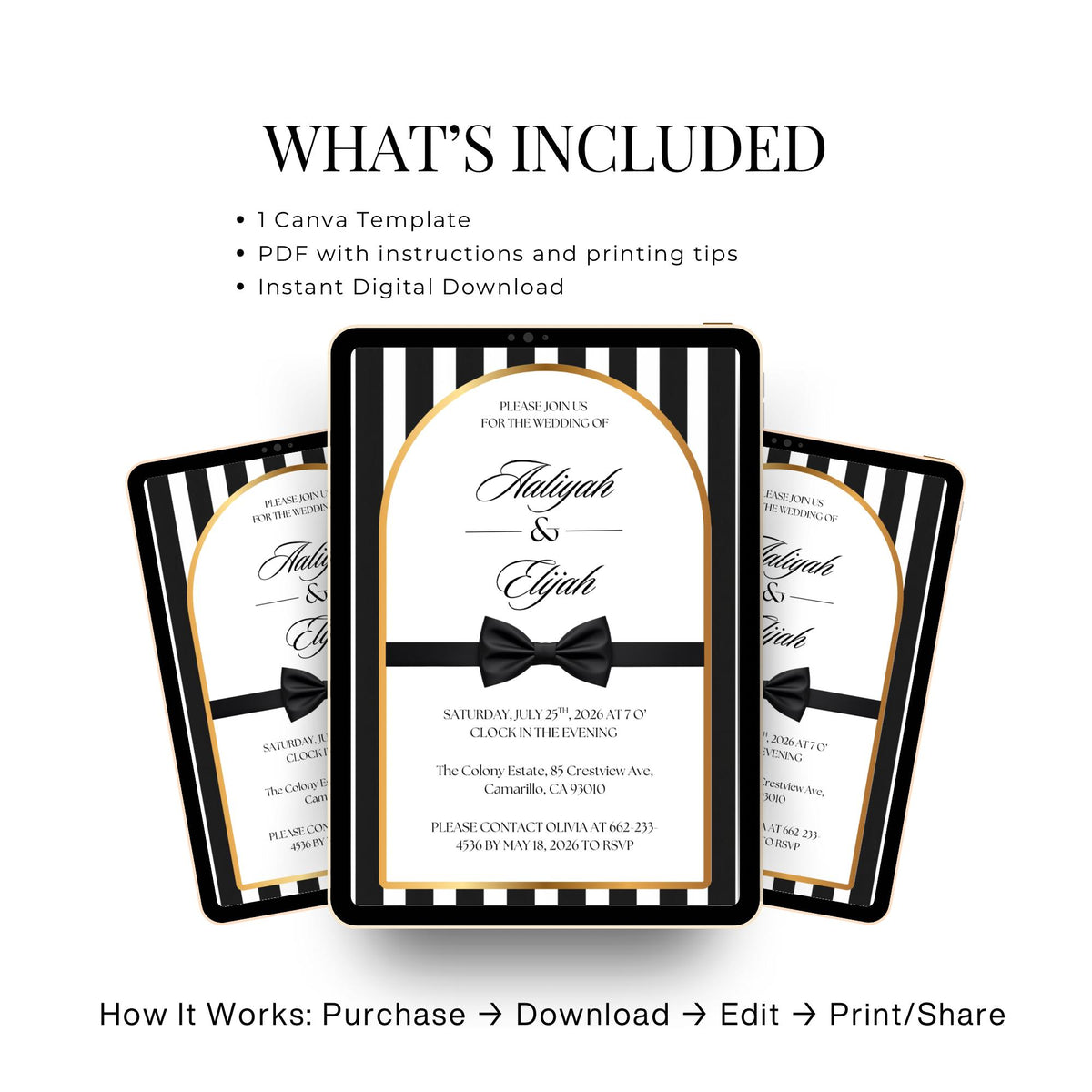 Wedding invitation template set mockup with gold border and black bow ribbon