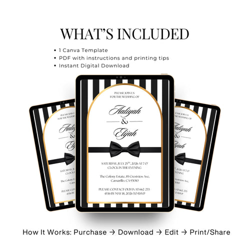 Wedding invitation template set mockup with gold border and black bow ribbon