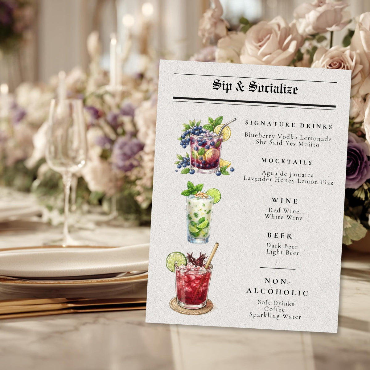 Wedding bar menu template card with beverage menu and drink icons on table