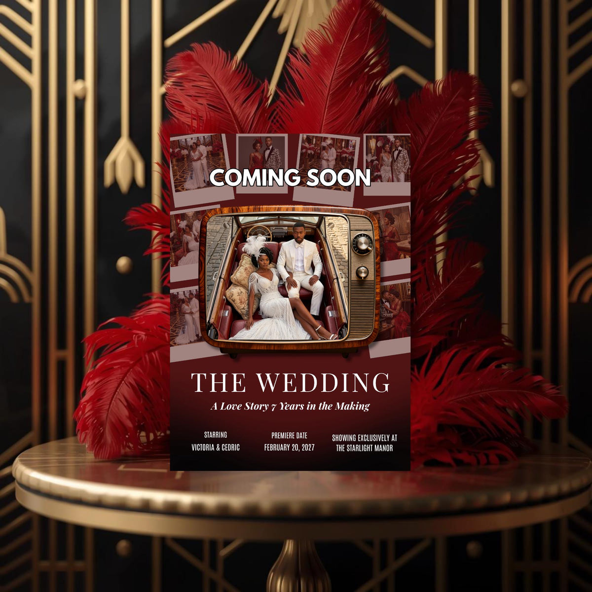 Front-facing cinematic wedding movie poster template with couple in vintage TV frame