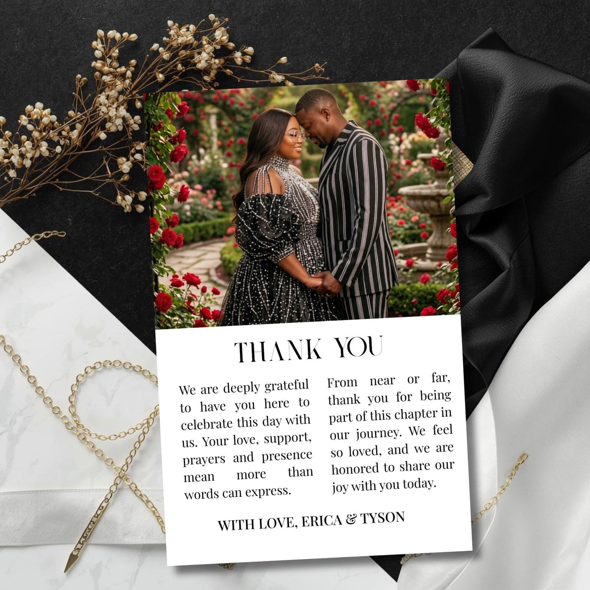 Wedding program thank-you card with couple photo and 'Thank You' heading
