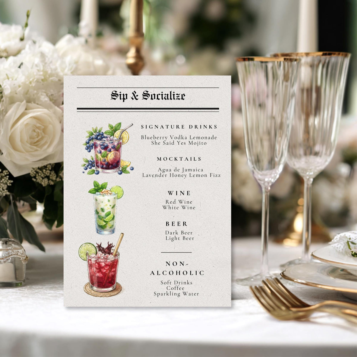 Wedding bar menu template card with drink listings and cocktail illustrations