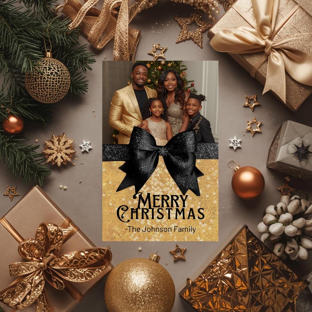 Black and gold Christmas photo card template with family photo, large black bow, and gold title