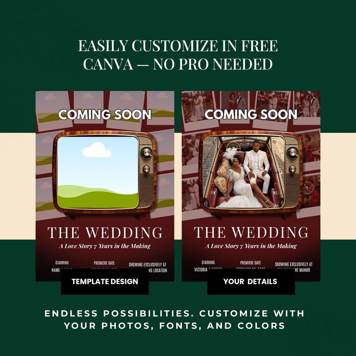 Two customizable wedding movie poster covers with “Coming soon” title and photo window