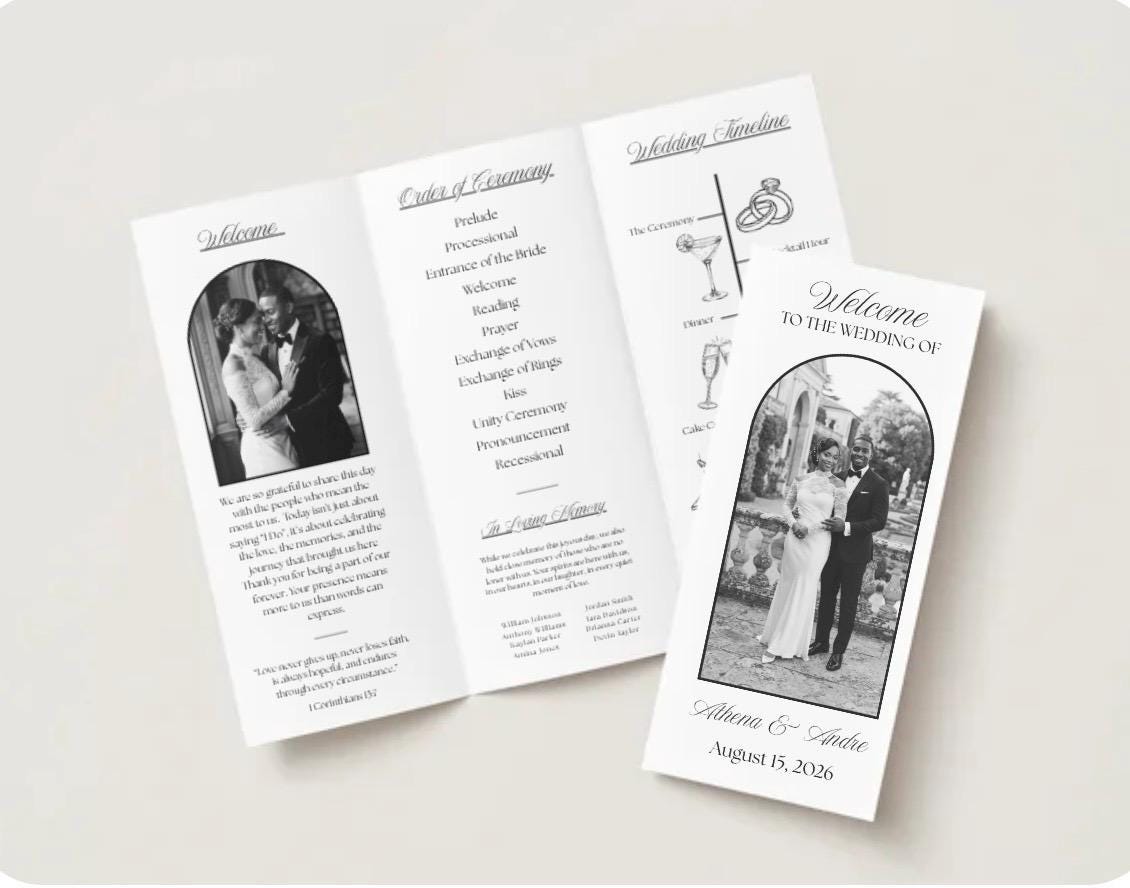 Tri-fold wedding program template, open layout with photo, text, and welcome header