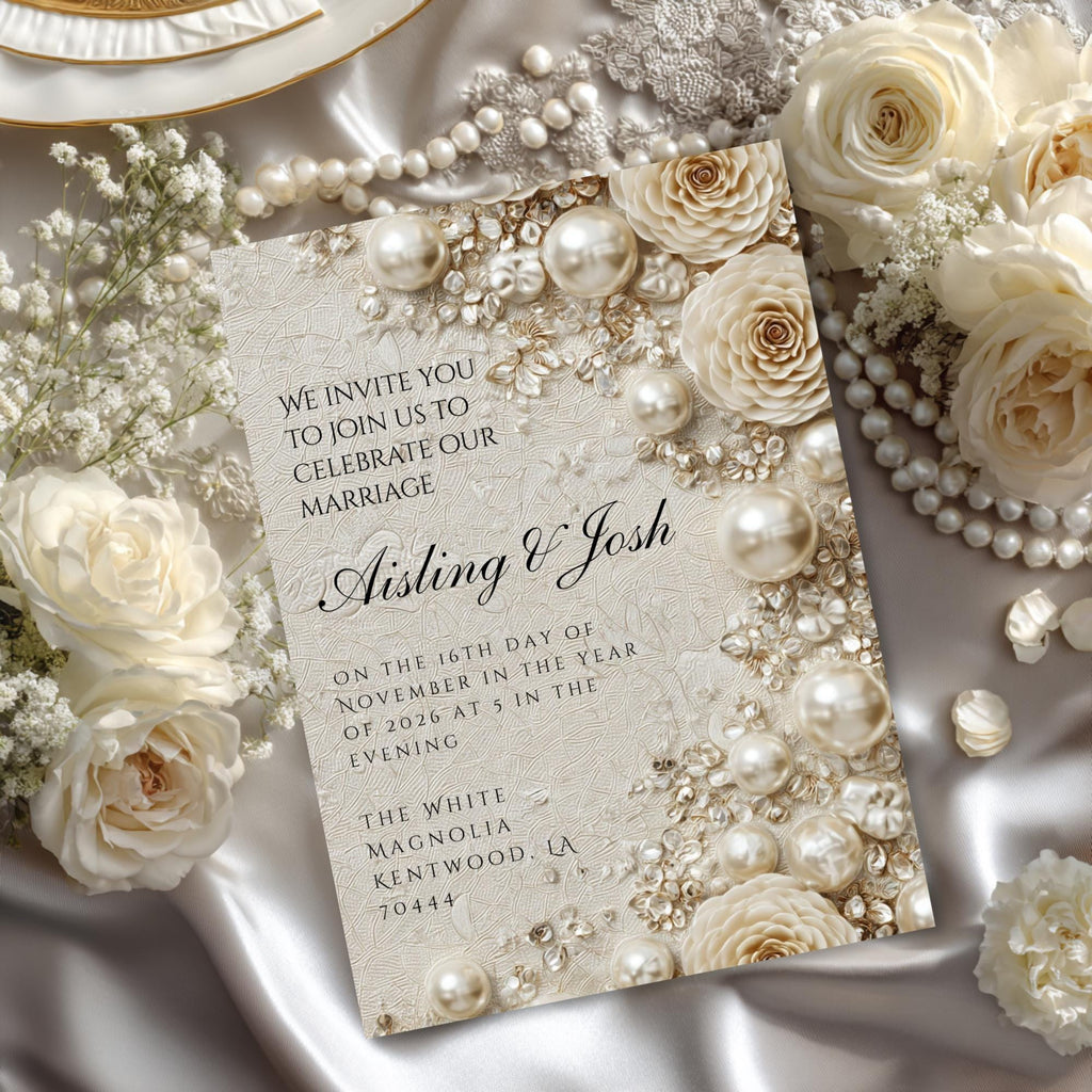 Ivory pearl wedding invitation card with roses and pearl cluster border on satin