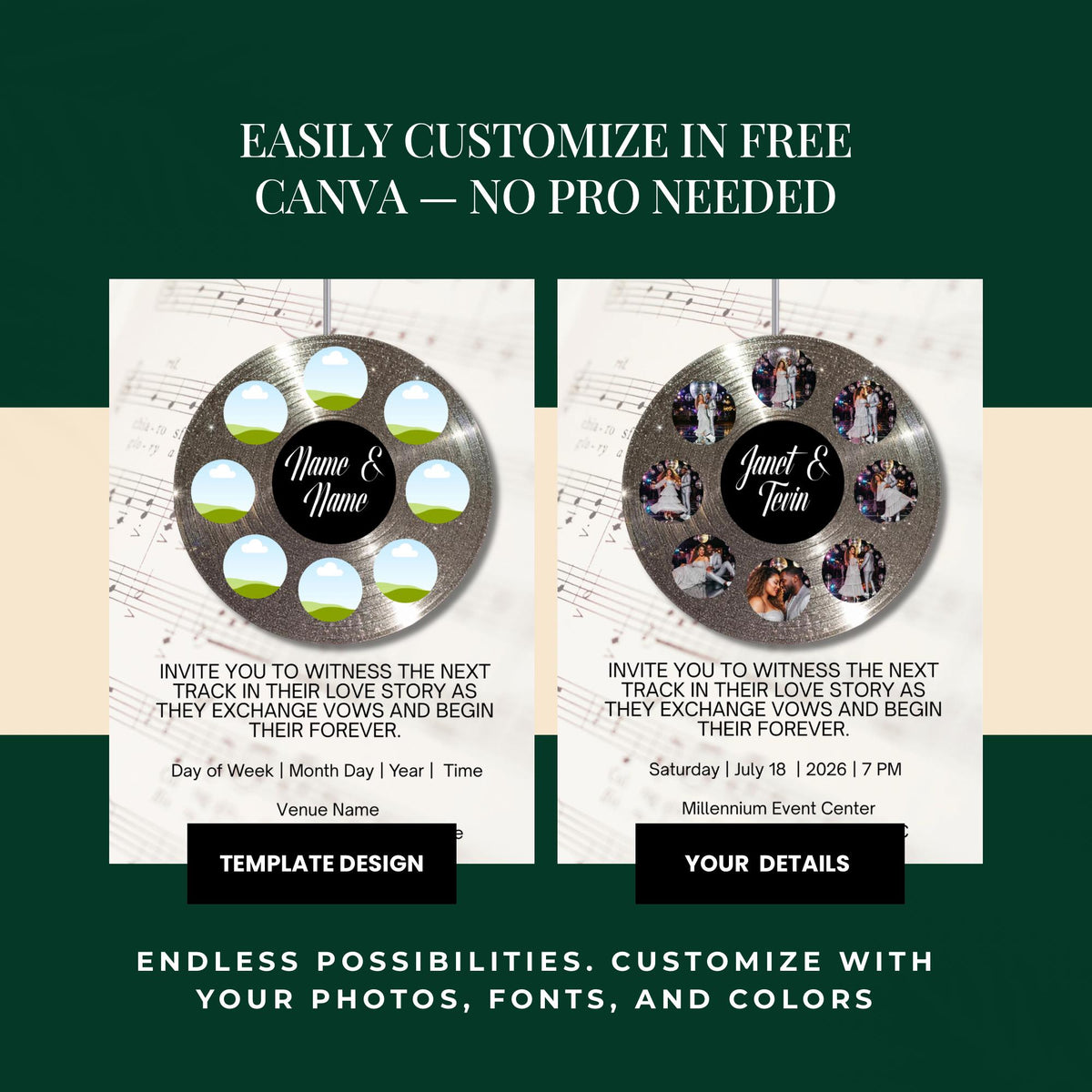 Editable wedding invitation template preview with vinyl-style photo circles