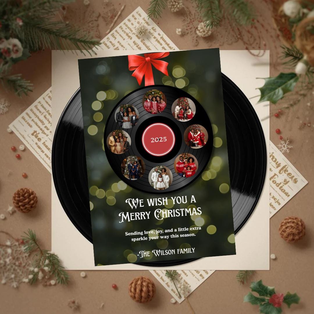 Christmas card template with vinyl record wreath layout and “We wish you a Merry Christmas,” 2025.