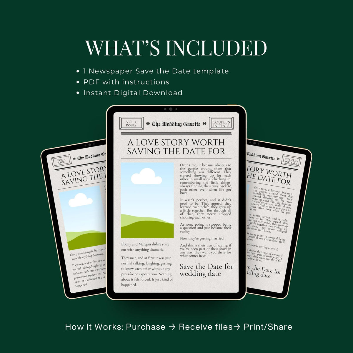 What's included graphic showing three newspaper save the date template previews