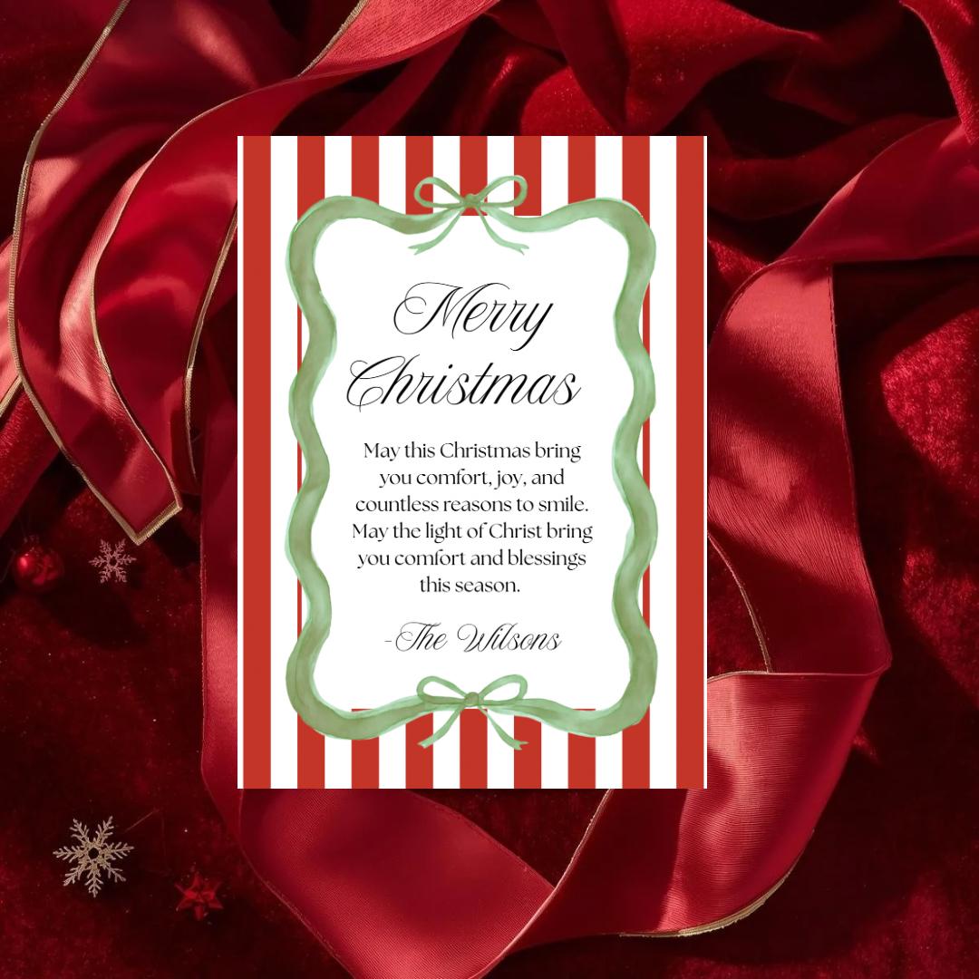 Red-striped Christmas card with green frame, bow accents, and 'Merry Christmas' greeting.